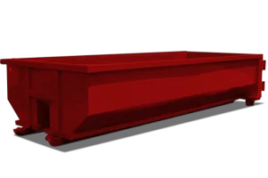 Large red industrial dumpster bin with open top, viewed from front angle